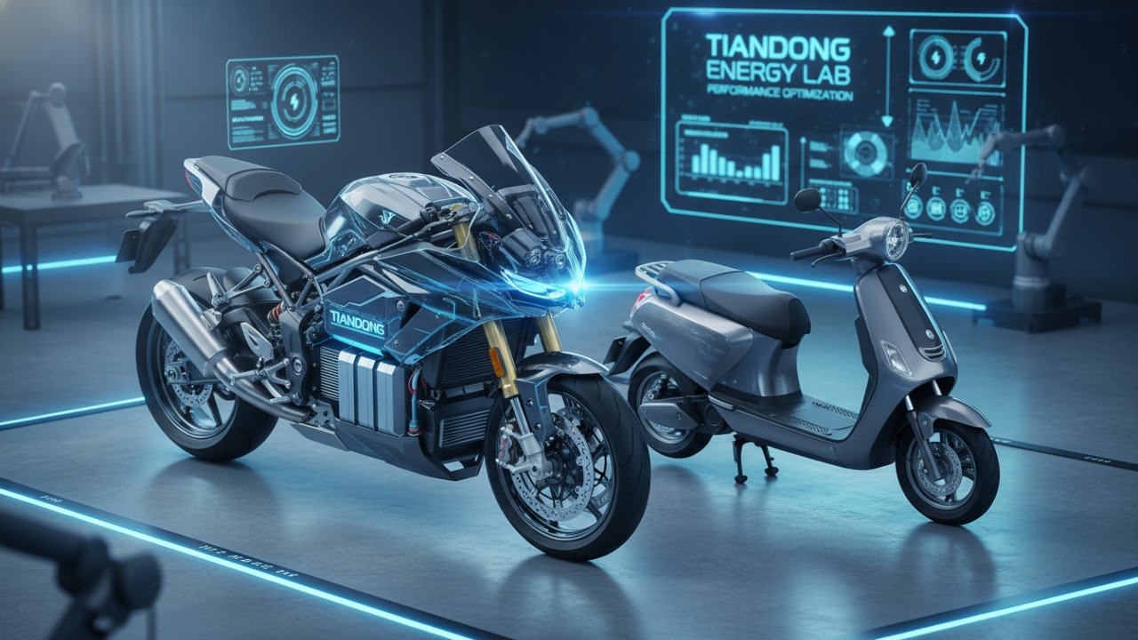 A 3D isometric illustration of an electric motorcycle and scooter showcasing a modular TIANDONG battery pack integrated into the vehicle design.