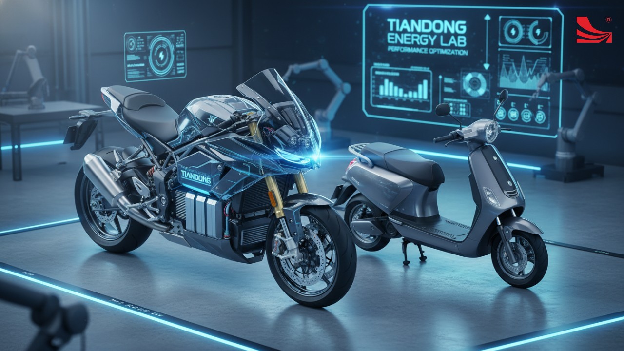 A 3D isometric illustration of an electric motorcycle and scooter showcasing a modular TIANDONG battery pack integrated into the vehicle design.