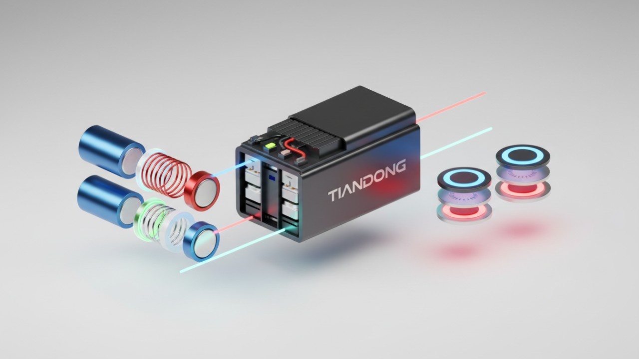 A 3D isometric view of different battery types including lithium-ion and EV modules with the TIANDONG brand name visible.