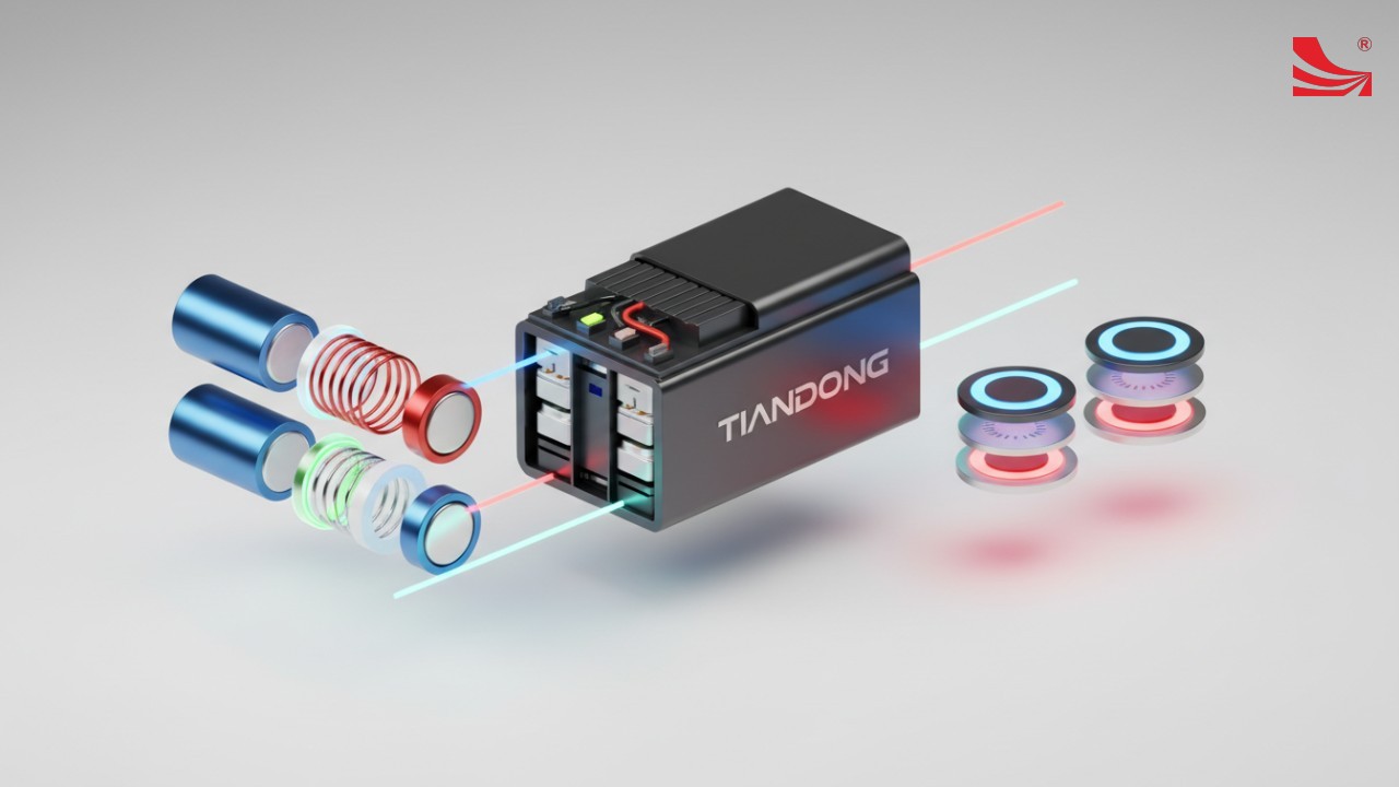 A 3D isometric view of different battery types including lithium-ion and EV modules with the TIANDONG brand name visible.