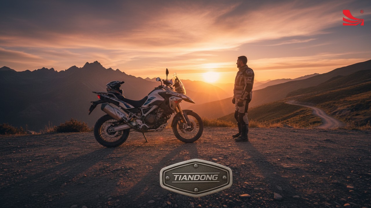 A confident motorcyclist at sunset standing next to an adventure bike featuring a TIANDONG brand badge on the frame.
