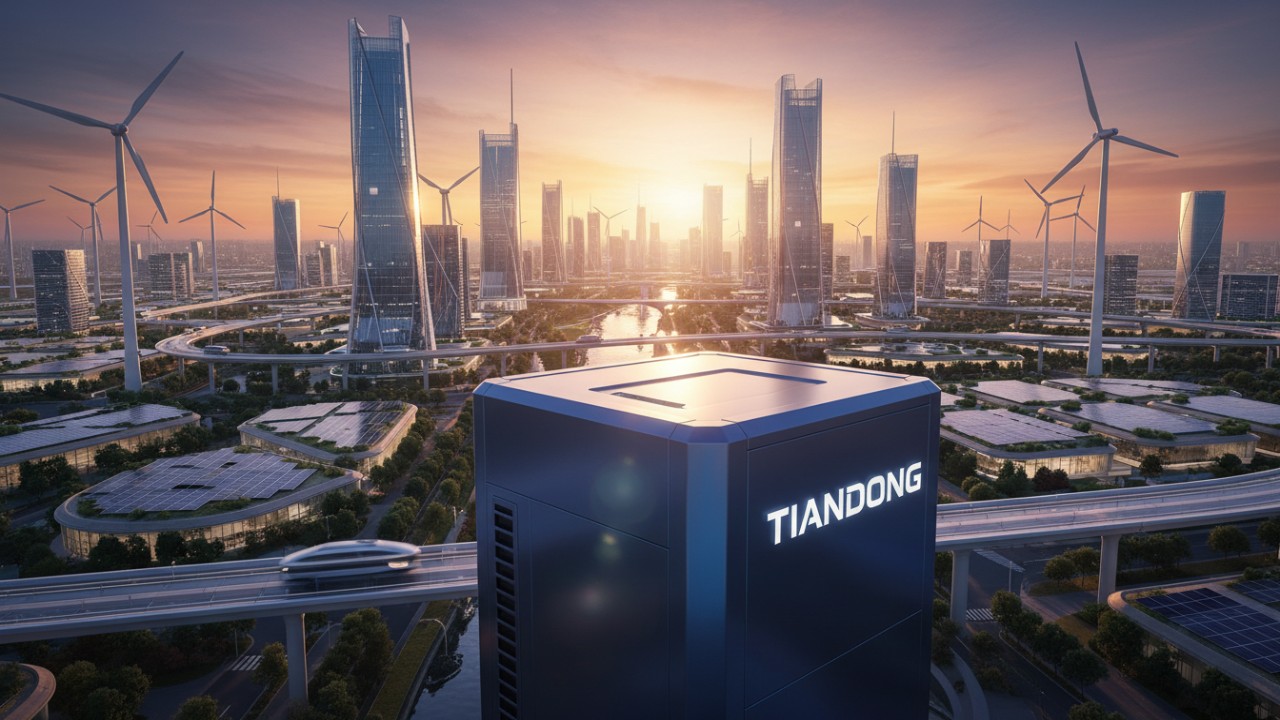 A futuristic city powered by renewable energy featuring a large TIANDONG industrial energy storage system.