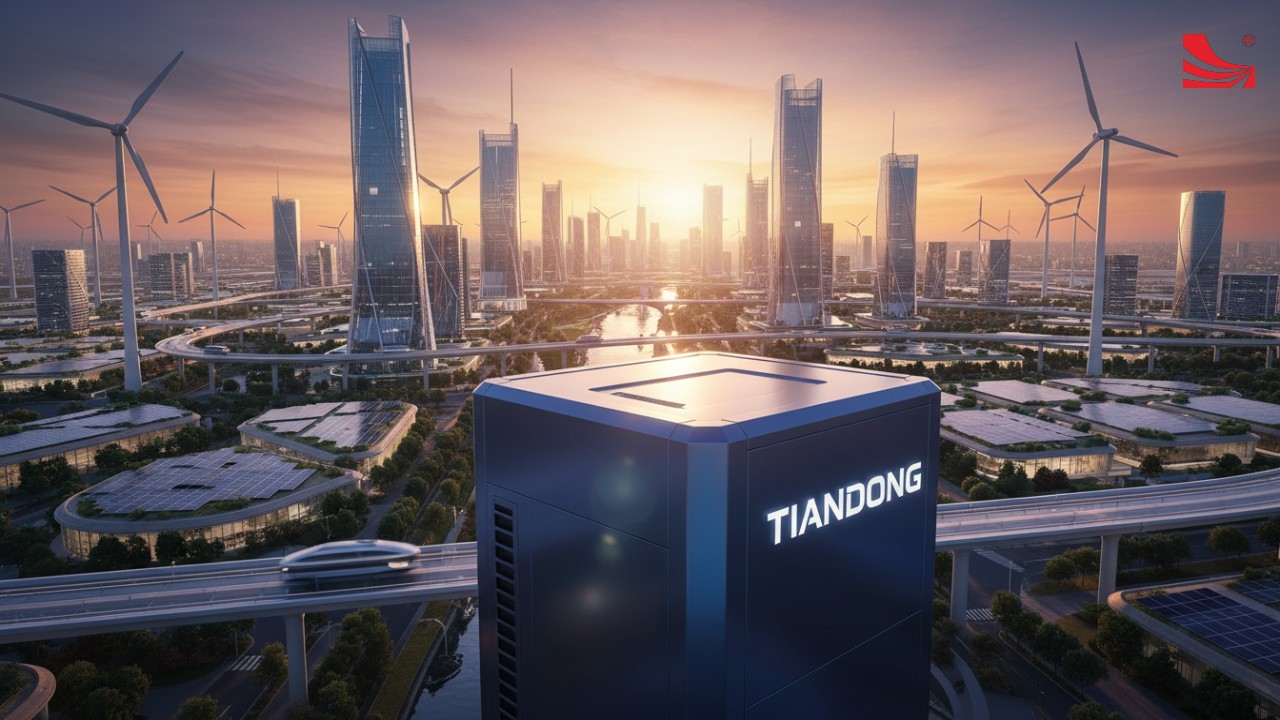 A futuristic city powered by renewable energy featuring a large TIANDONG industrial energy storage system.