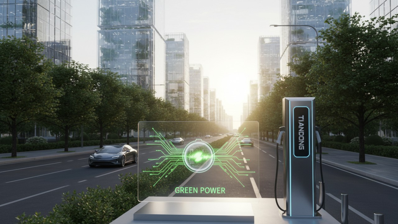 A futuristic city scene with electric vehicles and a TIANDONG branded charging station illustrating efficient battery technology.