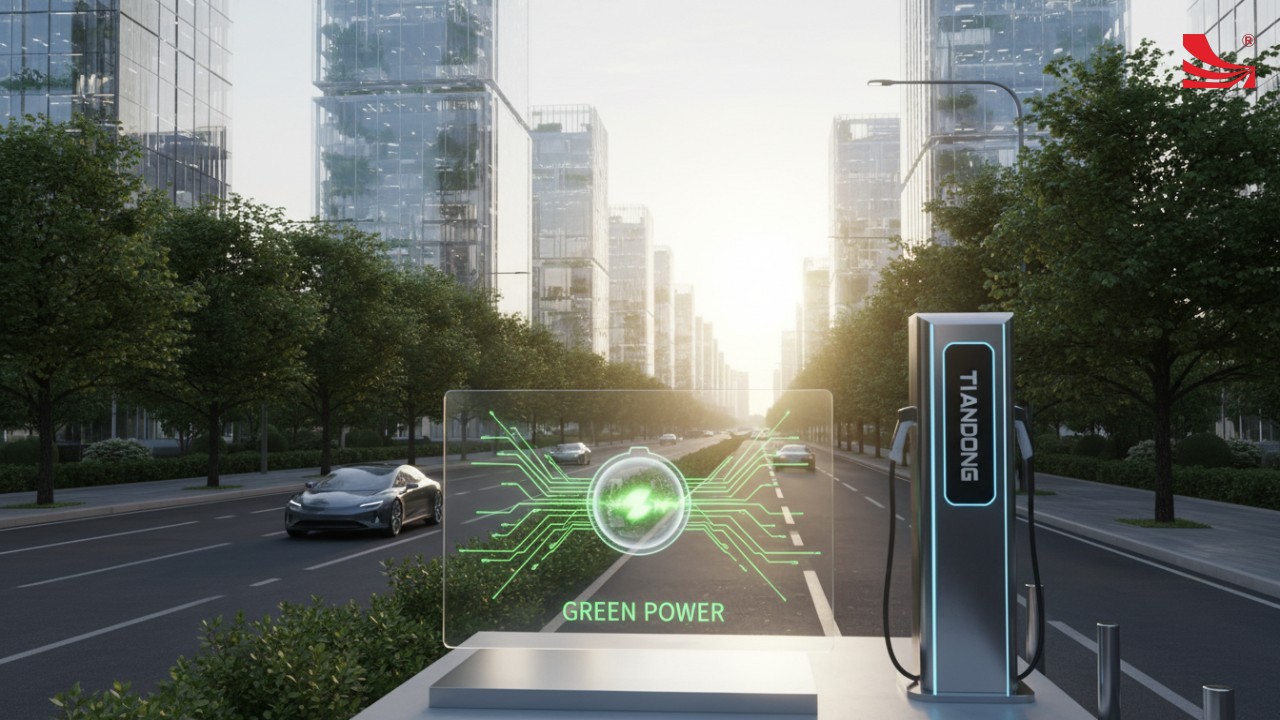 A futuristic city scene with electric vehicles and a TIANDONG branded charging station illustrating efficient battery technology.