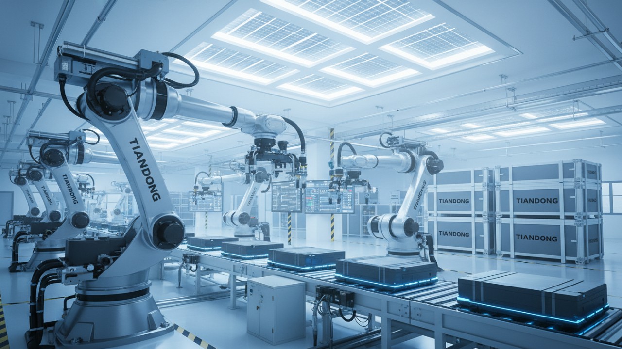 A large scale sustainable manufacturing floor showing robotic arms and battery production with TIANDONG branding.