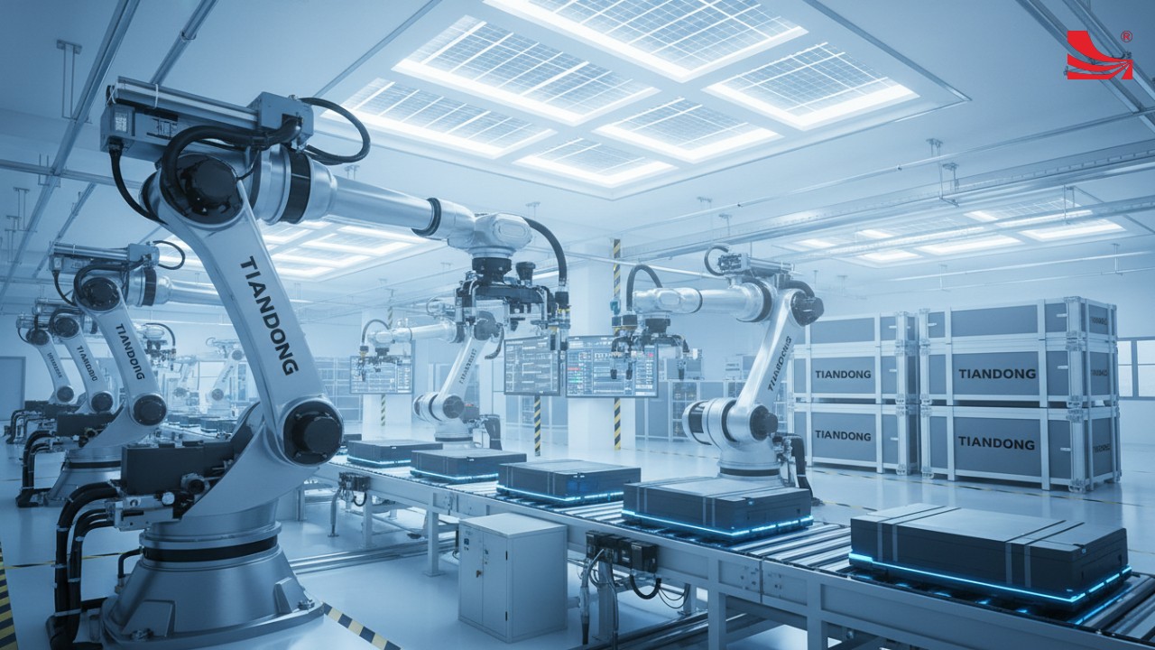 A large scale sustainable manufacturing floor showing robotic arms and battery production with TIANDONG branding.