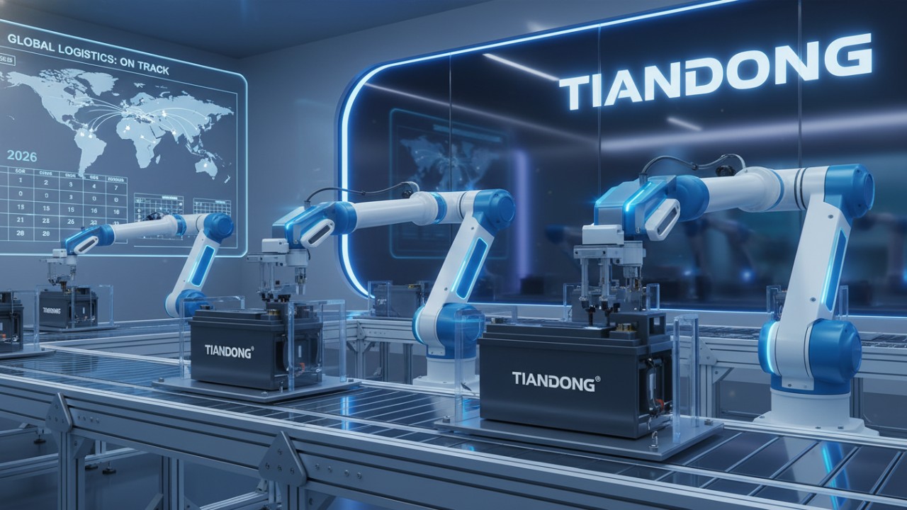 A modern automated TIANDONG manufacturing facility with robotic arms and a digital supply chain monitor for the year 2026.