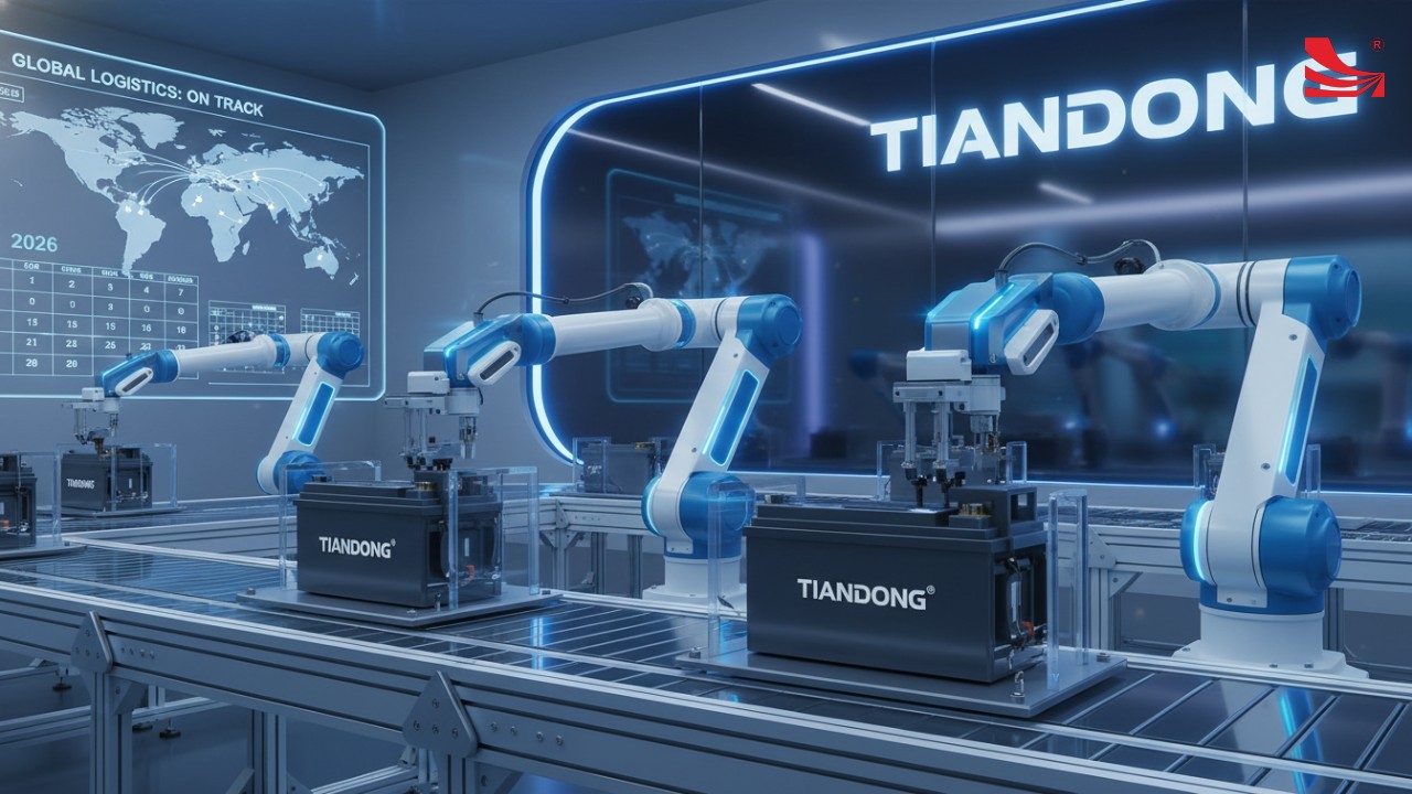A modern automated TIANDONG manufacturing facility with robotic arms and a digital supply chain monitor for the year 2026.