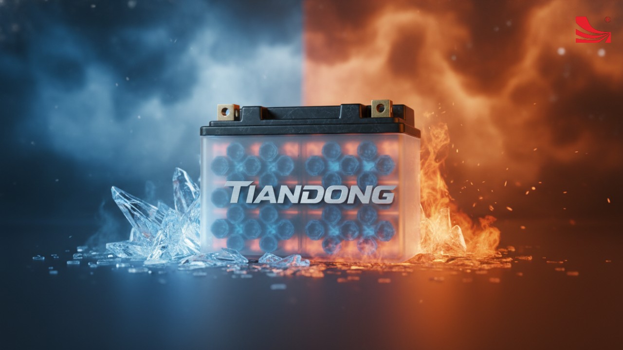 A TIANDONG high-performance motorcycle battery shown in a studio setting with a cutaway view of its internal components against a background of fire and ice.