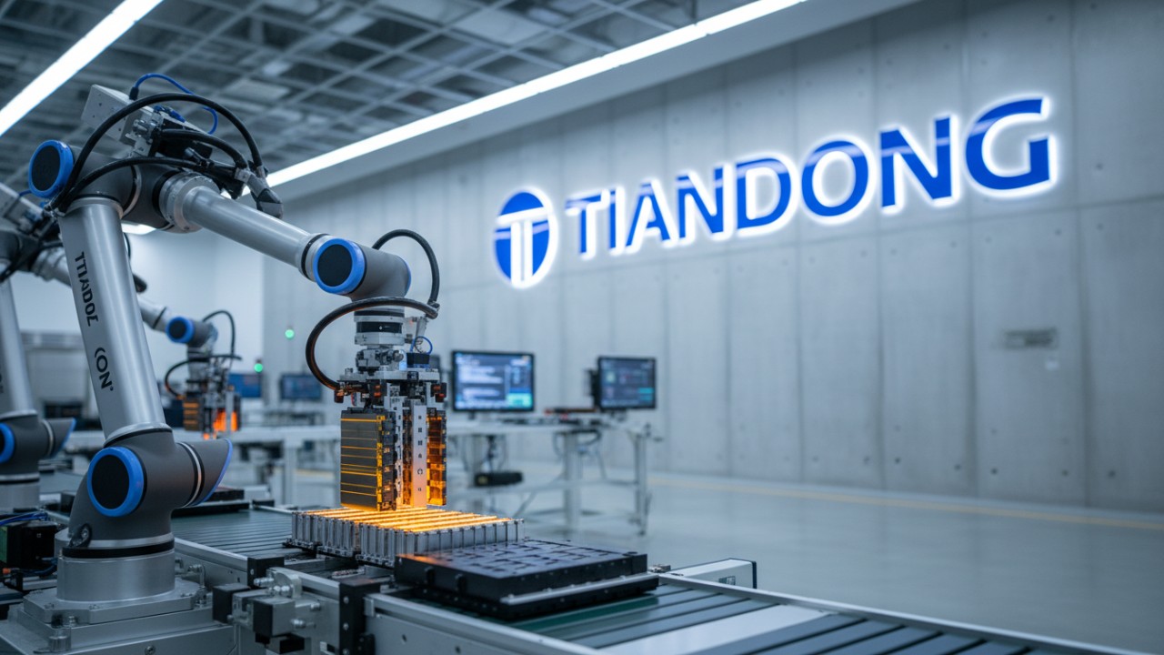 خط إنتاج بطاريات آلي مزود بأذرع روبوتية ولافتة بارزة لعلامة TIANDONG التجارية على جدار المصنع.