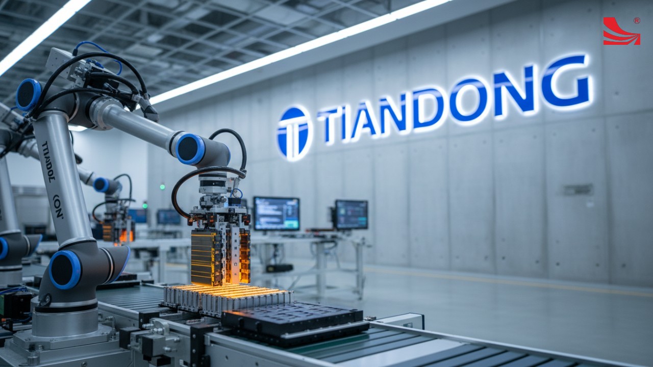 An automated battery production line with robotic arms and a prominent TIANDONG brand sign on the factory wall. An automated battery production line with robotic arms and a prominent TIANDONG brand sign on the factory wall.