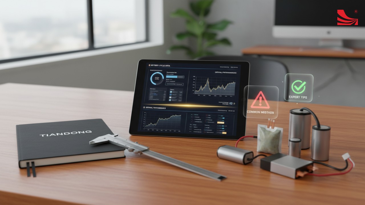 An overhead view of an engineering desk with battery prototypes and a TIANDONG branded notebook showing battery selection data.