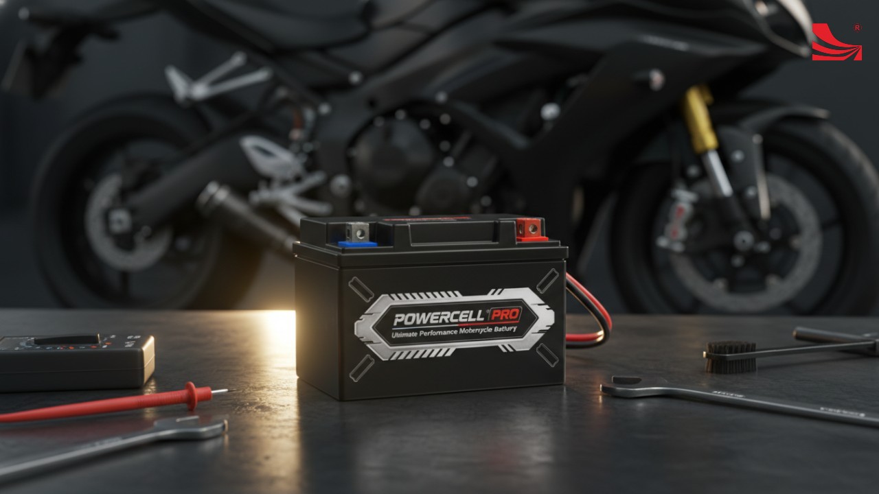 Powercell Pro motorcycle battery on a workbench with tools and a blurred bike. Powercell Pro motorcycle battery on a workbench with tools and a blurred bike.