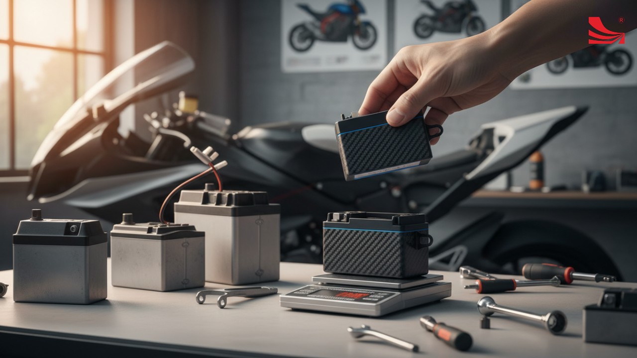 Person weighing a lightweight lithium motorcycle battery on a scale in a garage. Person weighing a lightweight lithium motorcycle battery on a scale in a garage.