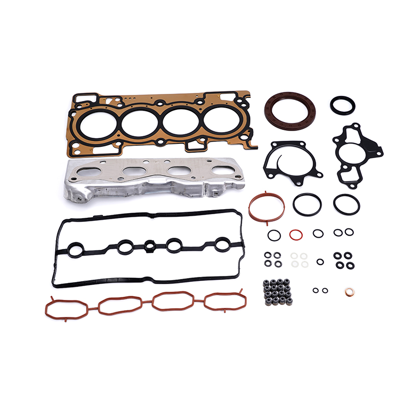 Complete engine gasket set with head gasket, valve cover gasket, and various seals and bolts.