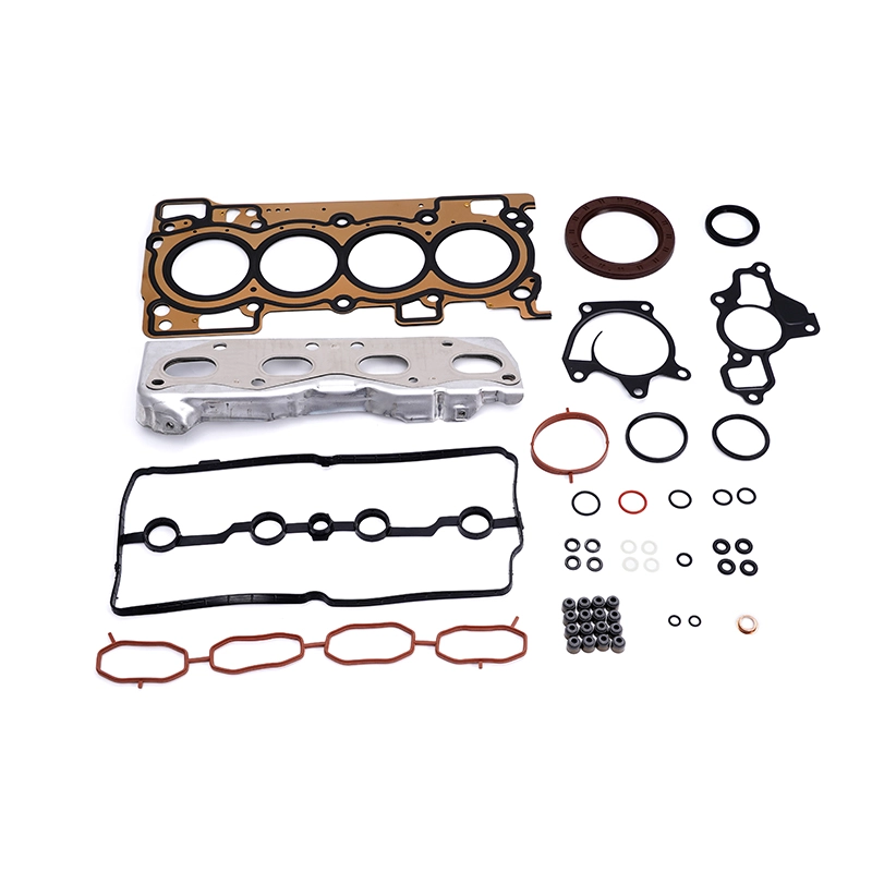 Complete engine gasket set with head gasket, valve cover gasket, and various seals and bolts.