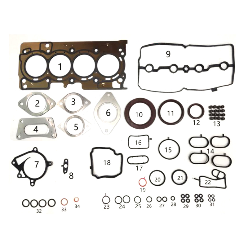 Engine gasket set with numbered components laid out on a white background.