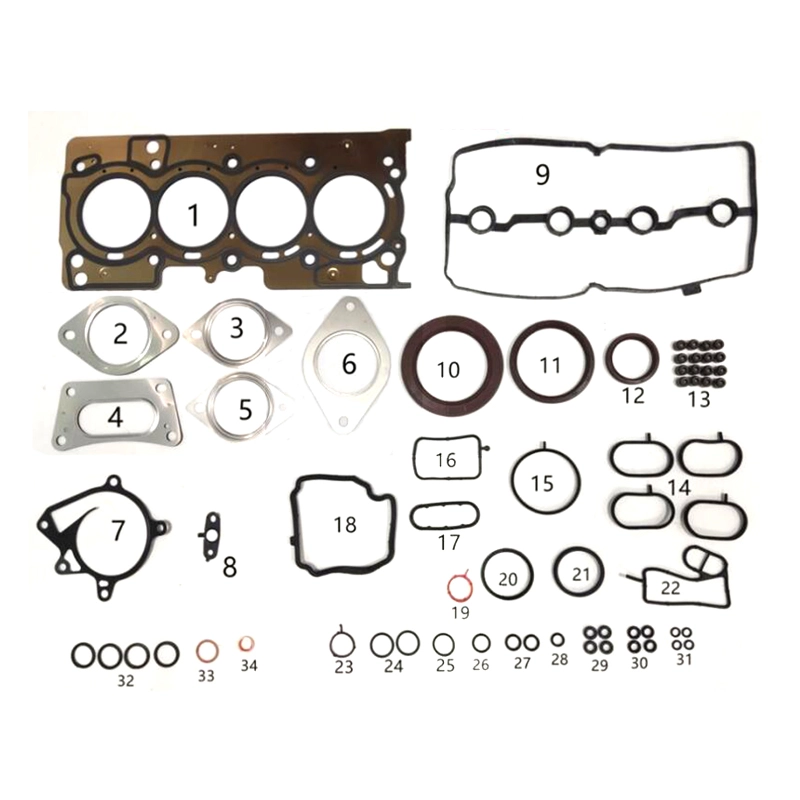 Engine gasket set with numbered components laid out on a white background.