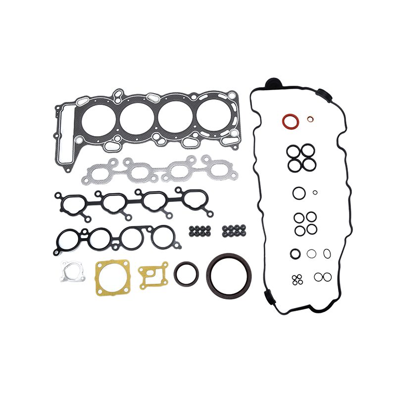 A complete engine gasket and seal kit laid out on a white background.