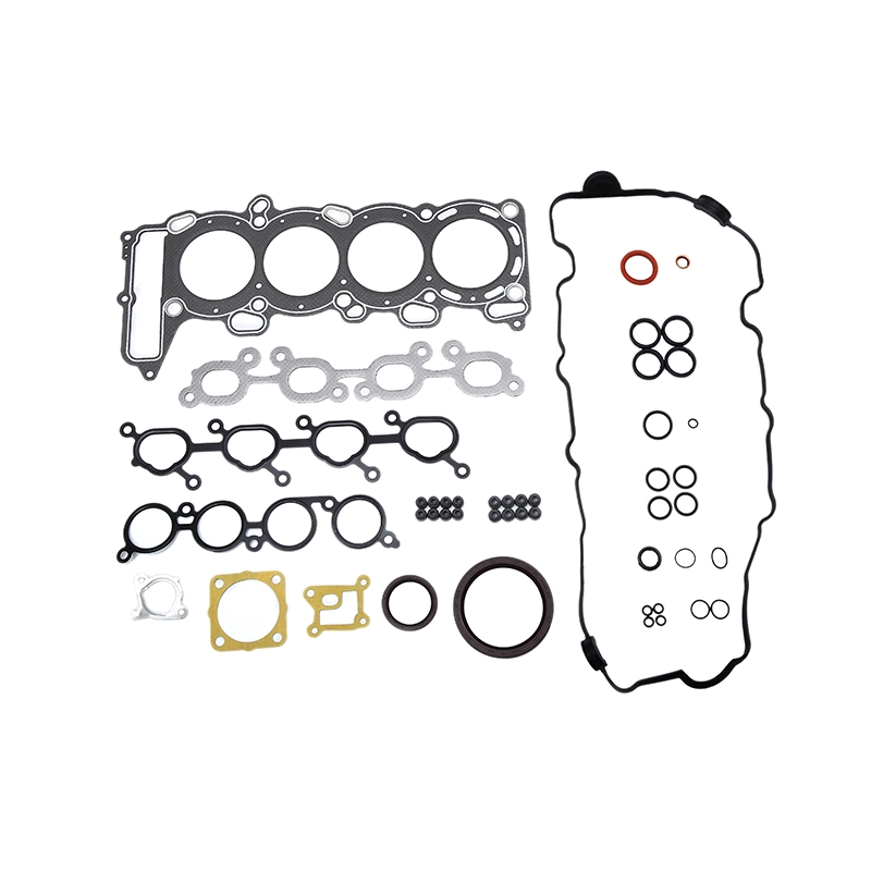 A complete engine gasket and seal kit laid out on a white background.