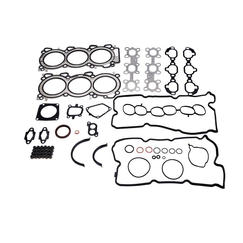 A complete engine gasket set laid out on a white background.