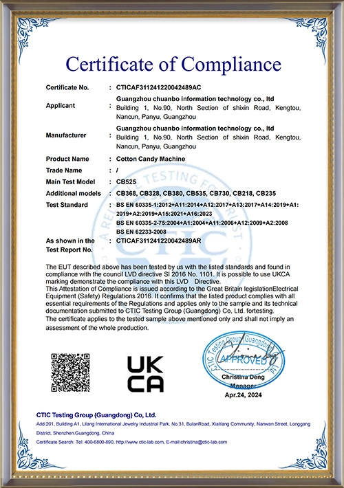 Cotton Candy Machine UKCA-LVD Certificate