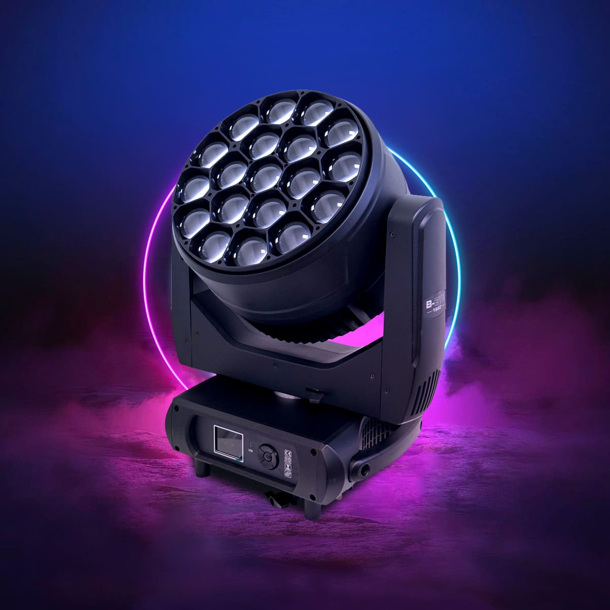 Moving head stage light with multiple lenses, surrounded by neon pink and blue rings.