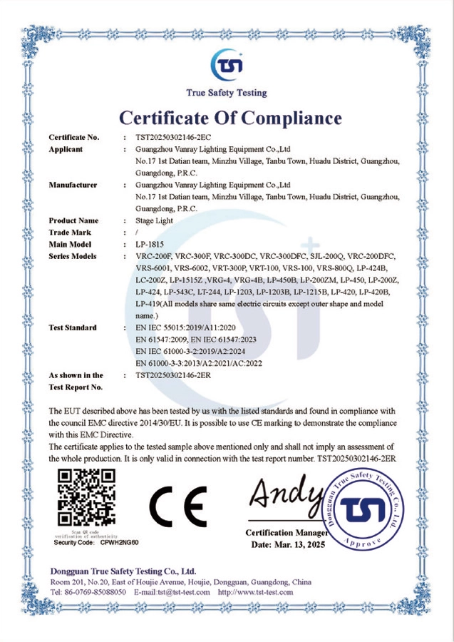 Stage light CE-EMC certificate - Vanray