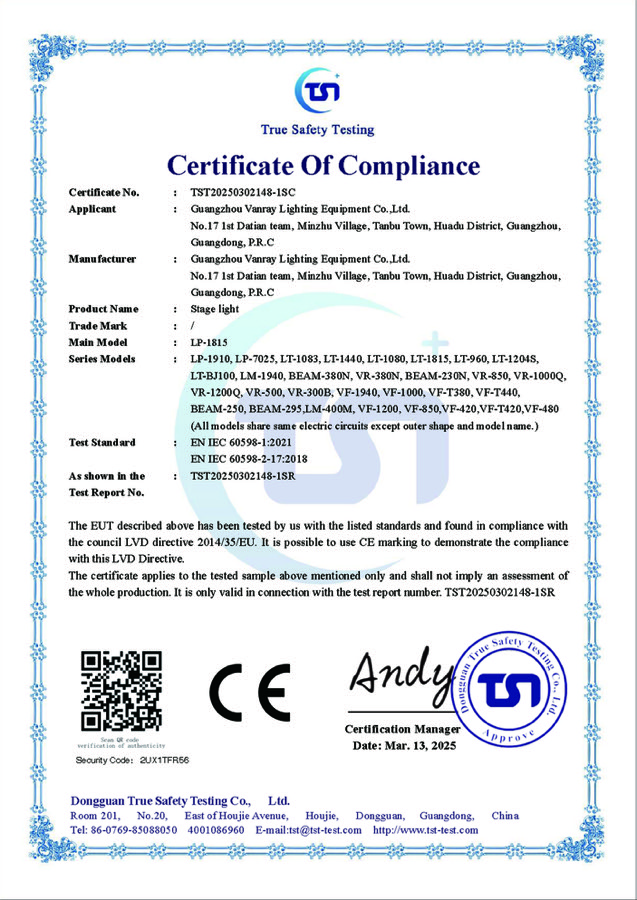Certificat CE-LVD pour éclairage de scène