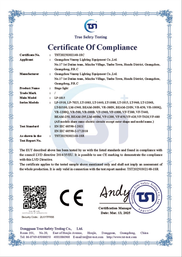 Stage light CE-LVD certificate - Vanray