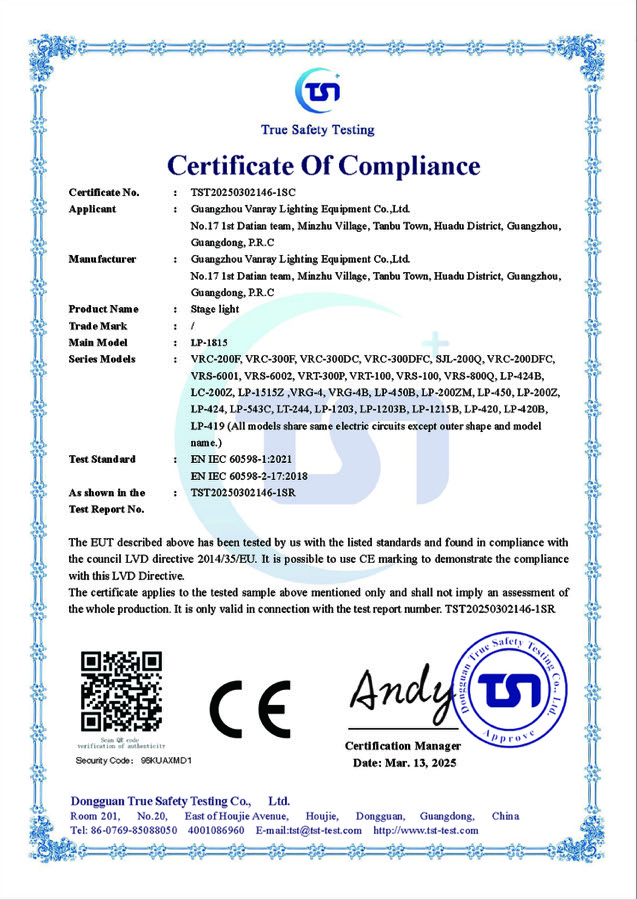 Certificat CE-LVD pour éclairage de scène