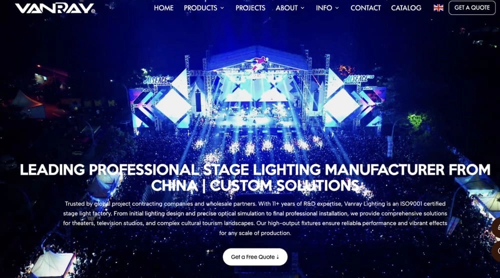 Aerial view of a large outdoor concert stage with bright blue lights and a massive crowd. - Vanray