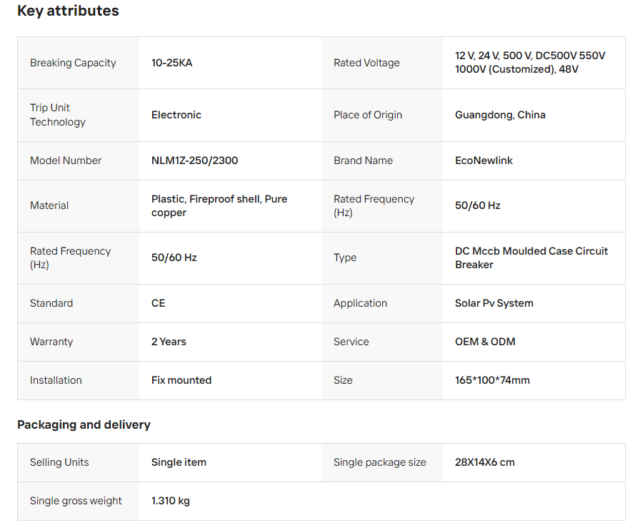 Parameter specifications of photovoltaic DC circuit breakers