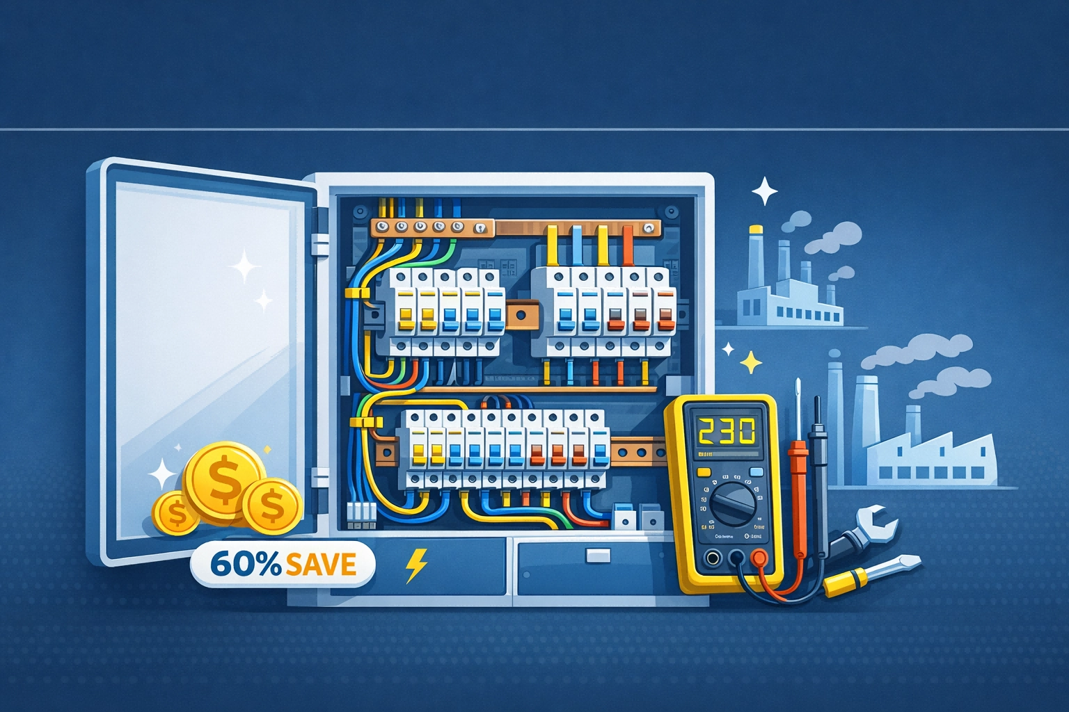 silhouettes, screwdrivers, digital multimeters. Bold clean space at top - EcoNewlink
