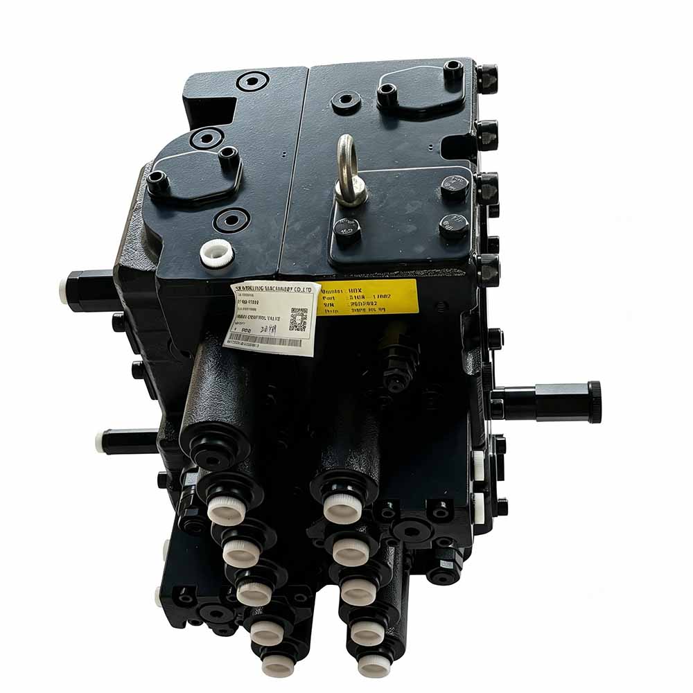 Black industrial hydraulic control valve block for heavy machinery