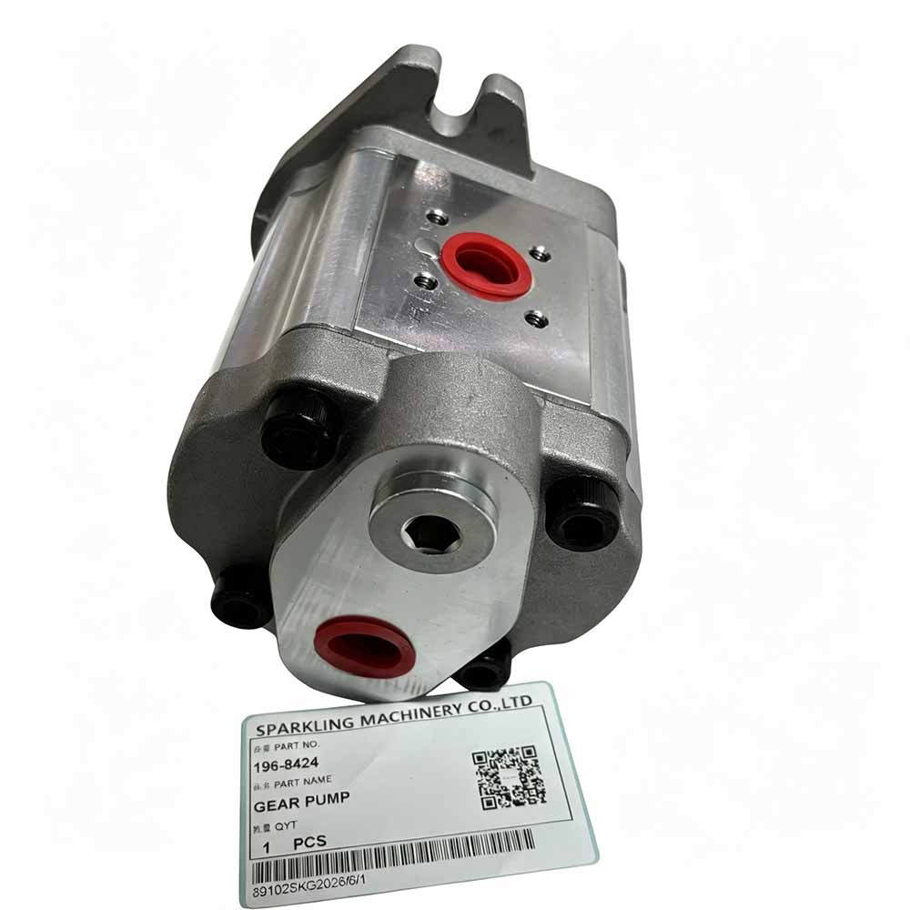 Industrial metal gear pump with red port plugs and part label