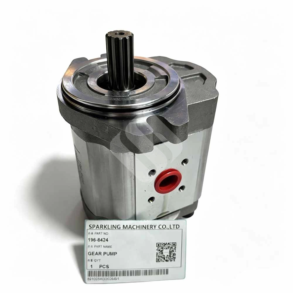 Genuine 196-8424 Hydraulic Gear Pump for Caterpillar M313C & M315C Hydraulic gear pump with splined shaft and mounting flange on white background