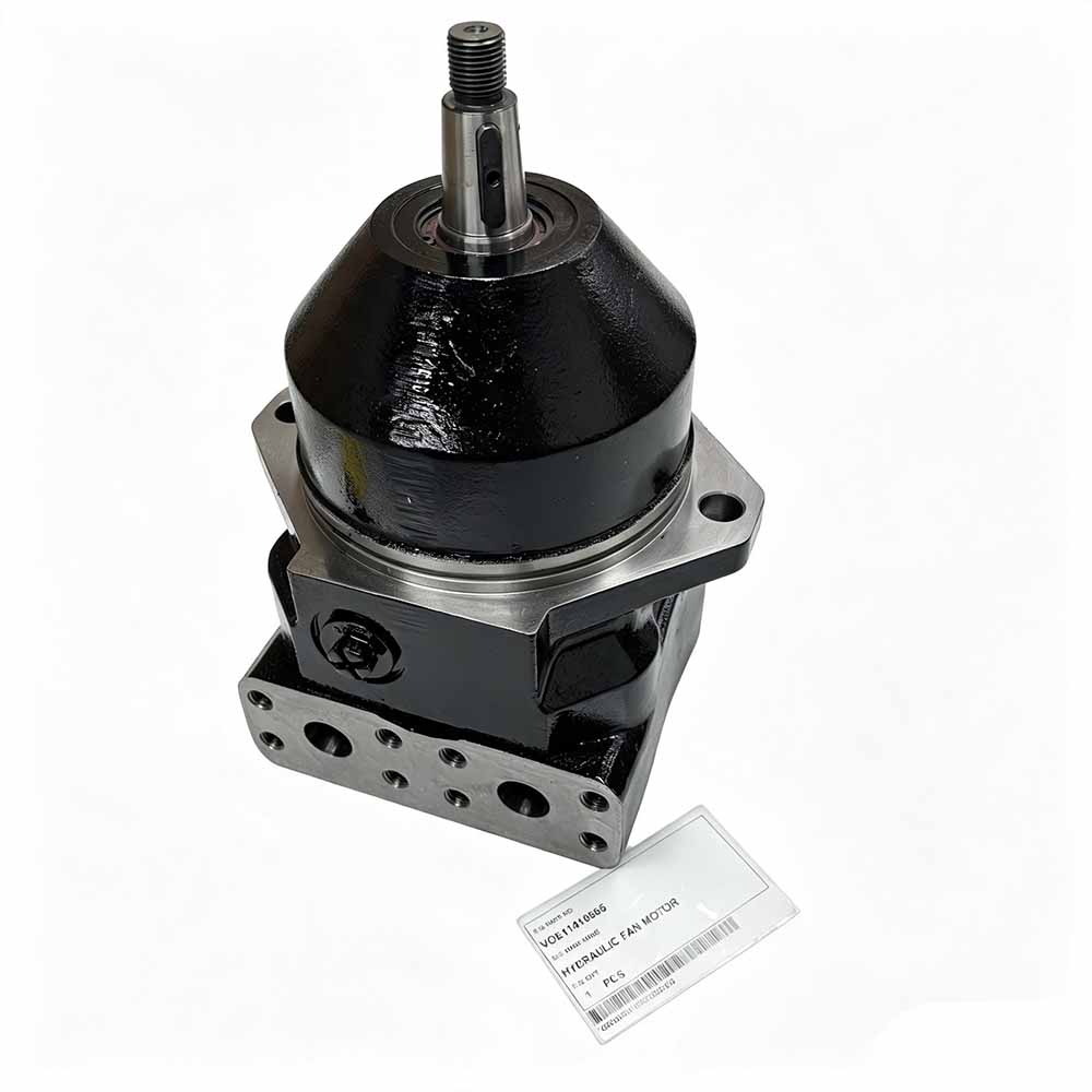 Genuine VOE11410665 Hydraulic Fan Motor for Volvo L150E & L150F Black hydraulic fan motor with a silver mounting flange and drive shaft