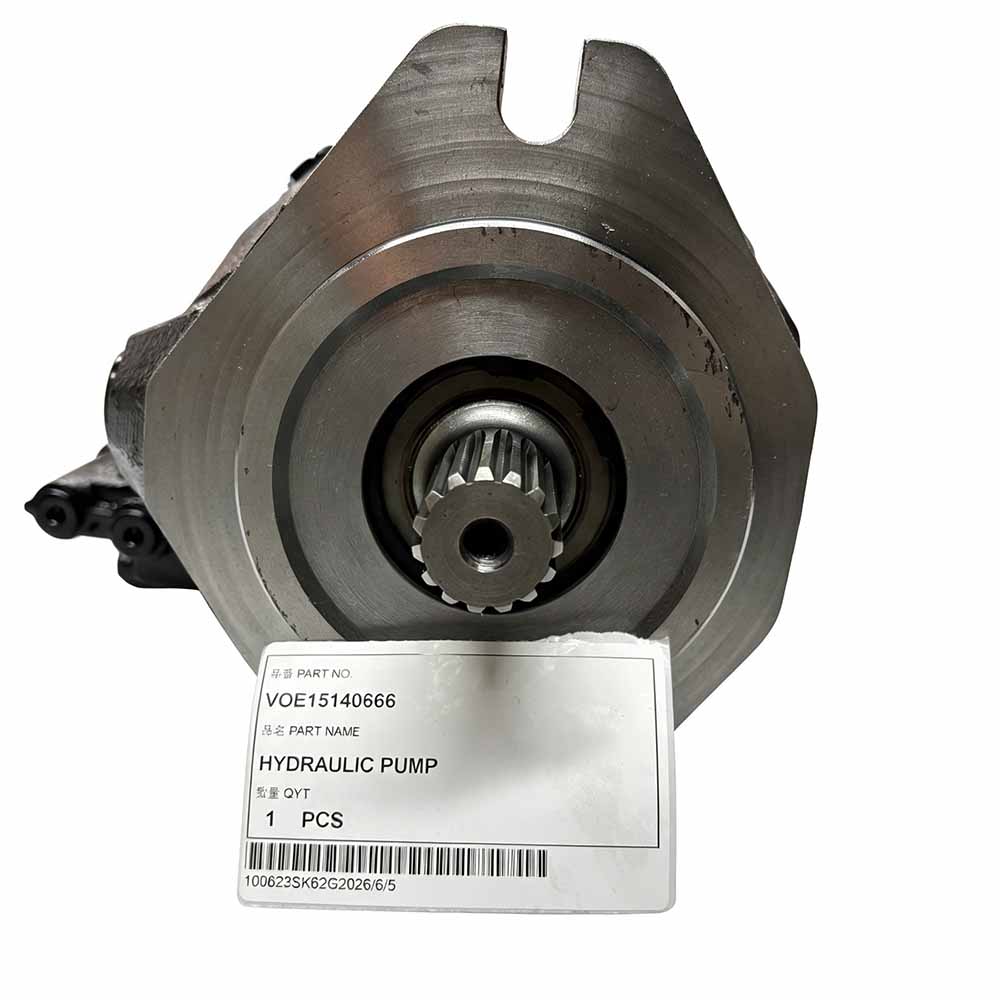 Industrial hydraulic pump VOE15140666 with splined shaft and product label