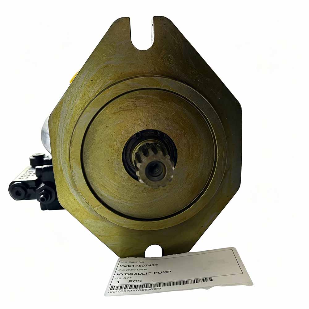 Front view of a VOE17507437 hydraulic pump with a splined shaft