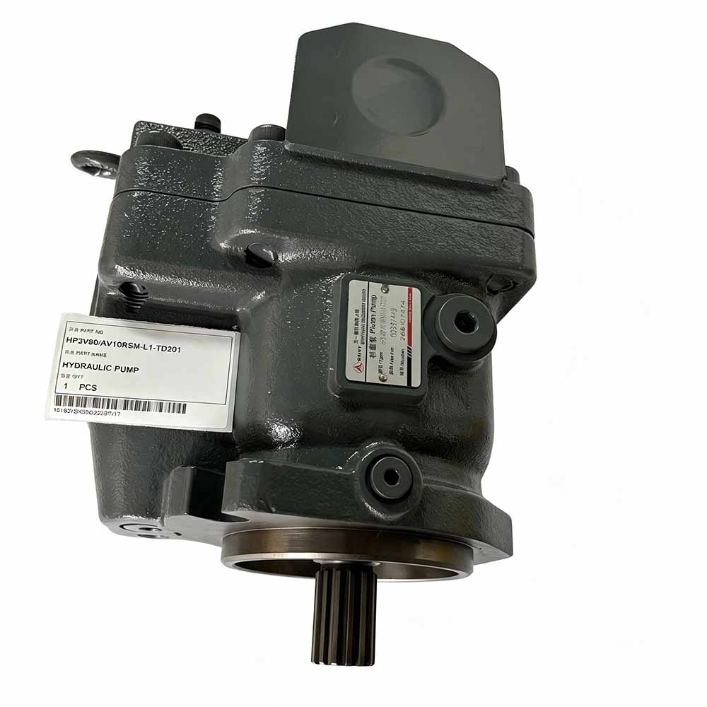 Industrial hydraulic piston pump with splined shaft and identification labels