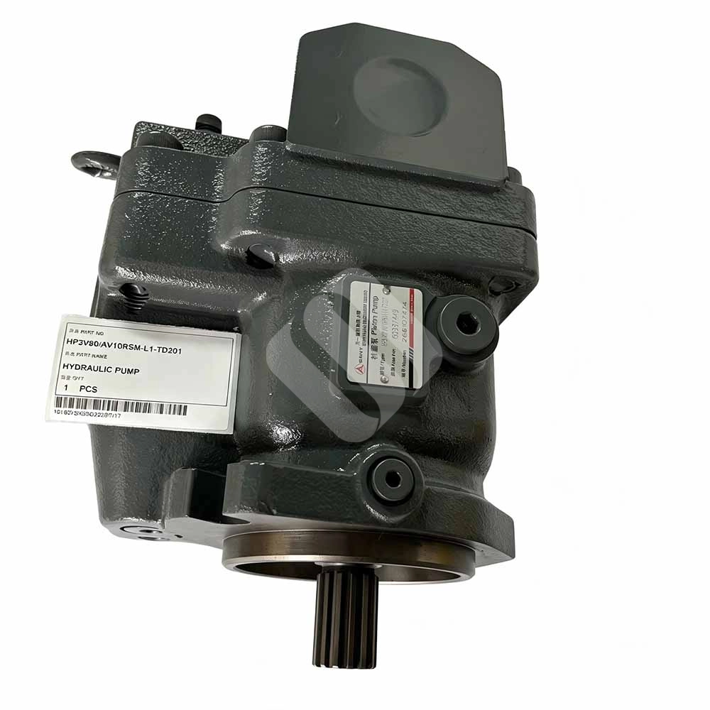 Brand New HP3V80 AV10RSM-L1-TD201 Hydraulic Main Pump for SANY SY55C, SY60C & SY75C Industrial hydraulic piston pump with splined shaft and identification labels
