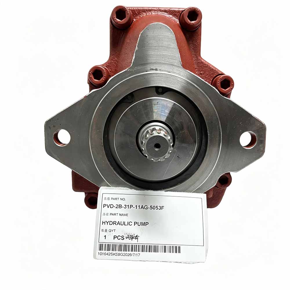 Industrial hydraulic pump with red housing and metal flange
