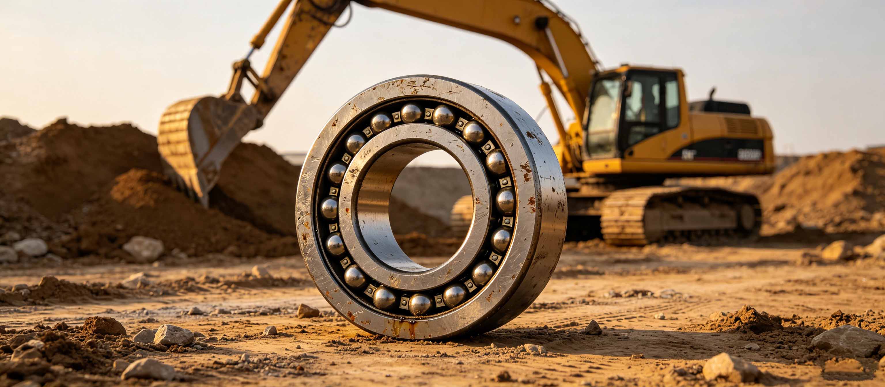 Large industrial ball bearing on a construction site with an excavator