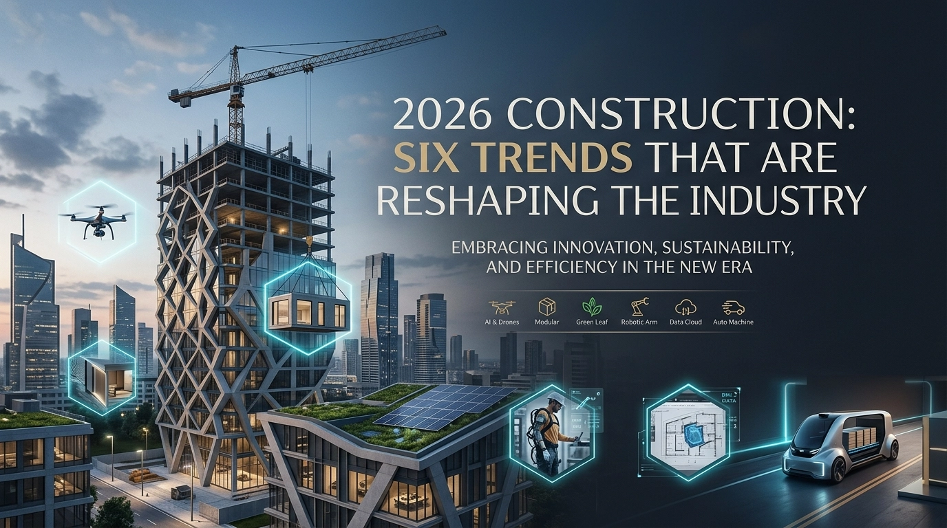 Graphic of 2026 construction trends featuring drones and modular building.