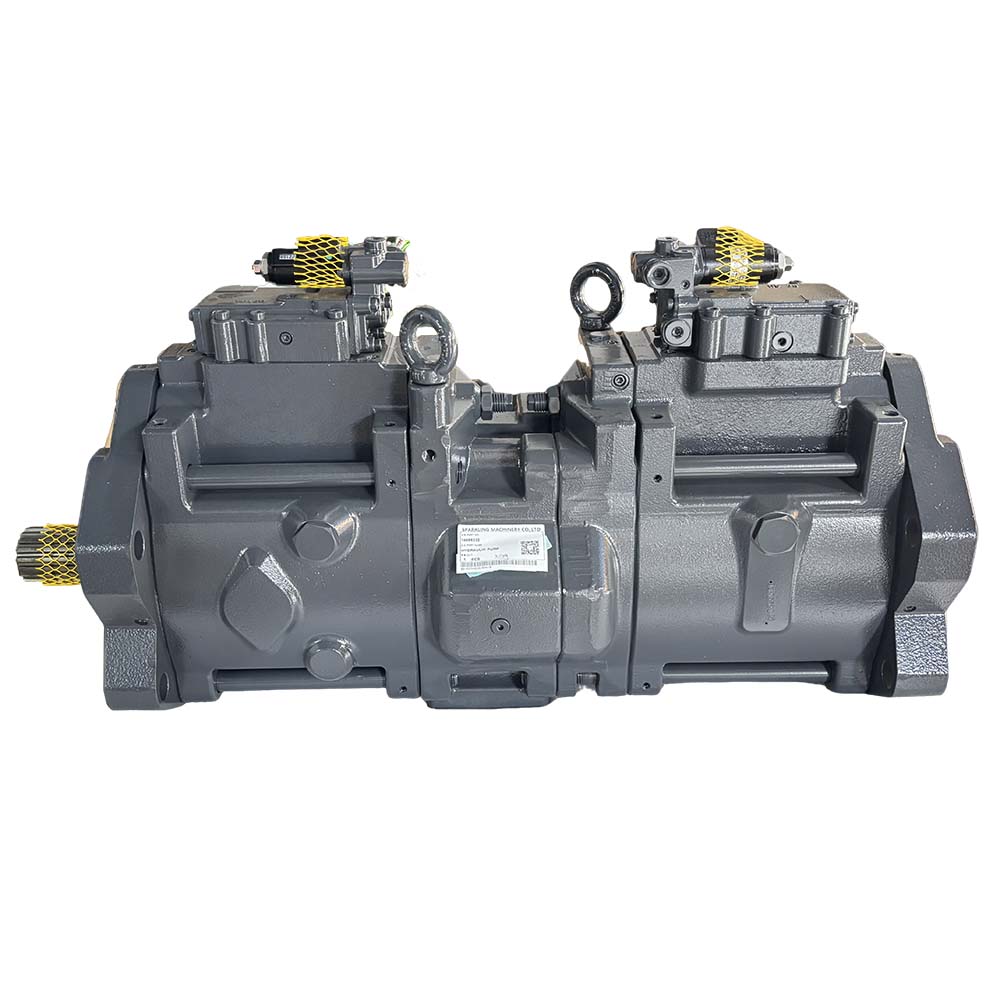 A dual-unit industrial grey hydraulic main pump for heavy machinery.