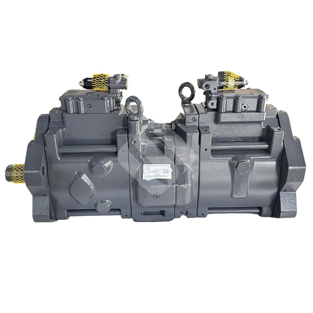 14666232 Main Hydraulic Pump for Volvo EC750D, EC750E, EC750E HR A dual-unit industrial grey hydraulic main pump for heavy machinery.