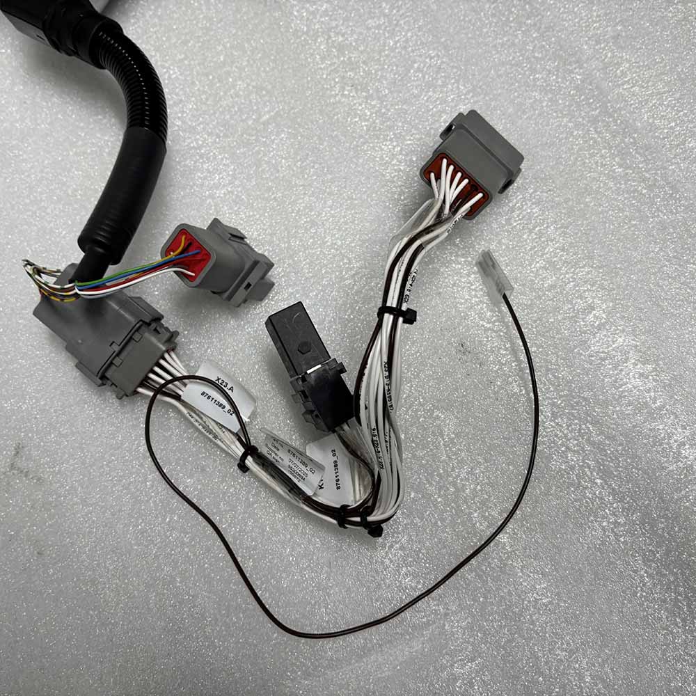 05754873 Automotive wiring harness with multiple grey connectors and labeled wires.