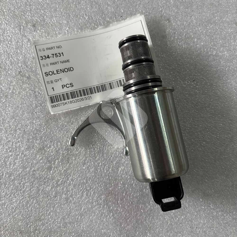 334-7531 Solenoid Valve Assembly (12V) for Cat C3.6 and C4.4 Engines Metal solenoid valve part 334-7531 with product label.